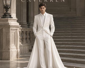 May include: A white suit featuring a single-breasted blazer with a long, flowing train attached at the waist, paired with matching white trousers and a white button-down shirt. The text CAVERREN is displayed in white at the top of the image.