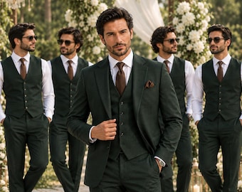Dark Green Three Piece Suit Men, Forest Green Wedding Groom Suits, Groomsmen Set