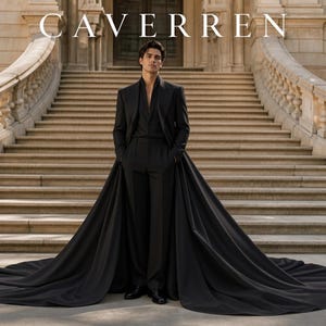 Può includere: Un completo nero composto da un blazer sartoriale e pantaloni con uno strascico che arriva a terra e scende lungo le scale. La parola CAVERREN è stampata in bianco in alto. L'insieme è di colore nero uniforme con colletto strutturato.