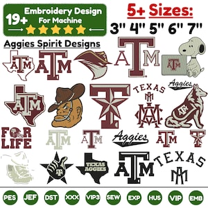 Peut inclure: Une collection de motifs de broderie numérique présentant les logos de Texas A&M, incluant le monogramme ATM, l'État du Texas, une mascotte et Snoopy. Le texte inclut Aggies Spirit Designs, For Life et Texas. Disponible en tailles 7,6, 10,2, 12,7, 15,2 et 17,8 cm.