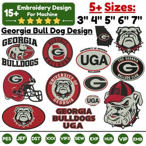 以下が含まれることがあります： Georgia Bulldogsの刺繍デザインのデジタルコレクション。ロゴ、ブルドッグの頭、フットボールヘルメット、テキストが含まれています。画像には3インチから7インチまでの5種類以上のサイズが表示されており、PES、JEF、DSTなどのファイル形式が記載されています。