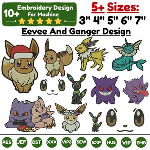 Eevee Evolutions Machine Embroidery Design Anime Custom Design Charizard Gengar Bulbasau Trendy EMbroidery 5+Sizes Instant Download File pes
