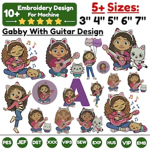 Könnte beinhalten: Eine digitale Stickmuster-Kollektion mit Gabby und einer Gitarre, die verschiedene Posen der Figur mit katzenartigen Accessoires und Musiknoten zeigt. Der Text umfasst Embroidery Design For Machine, 5+ Sizes: 3" 4" 5" 6" 7", Gabby With Guitar Design sowie Dateiformate wie PES, JEF, DST, XXX, VIP3, SEW, EXP, HUS, VIP, EMB.
