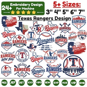24 Texas Rangers honkbal borduurpatronen voor de borduurmachine, honkbaltekst, vintage honkbal, trendy western sportontwerp, PES 5+ bestand