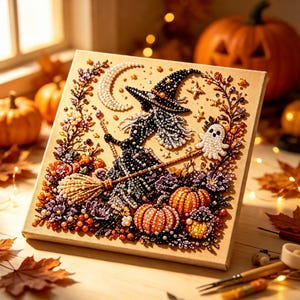 May include: A square diamond painting canvas featuring a witch in a black hat riding a broomstick, accompanied by a small white ghost, a crescent moon, stars, orange pumpkins, and purple flowers, all rendered with colorful, textured beads.
