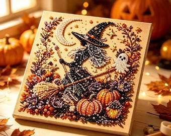Halloween Witch Pearl Art Kit Cute Magical Fall Craft 20x20 cm Beginner Diamond Painting Kids Gift Wall Decor