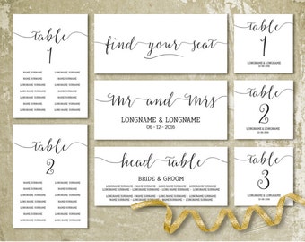Wedding seating chart template Wedding seating cards Minimalist Modern Seating plan template Black script font Table cards editable DIY