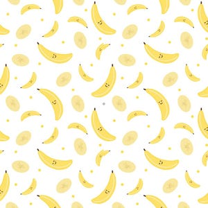 Könnte beinhalten: Ein sich wiederholendes Muster auf weißem Hintergrund mit gelben Bananen und Bananenscheiben. Jede ganze Banane hat ein einfaches, handgezeichnetes lächelndes Gesicht mit geschlossenen Augen. Kleine gelbe Punkte sind im Design verteilt.