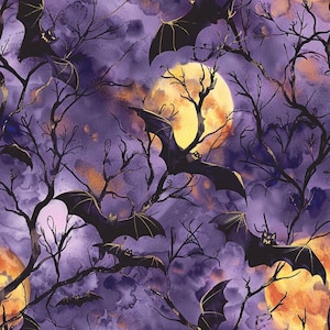 May include: A fabric pattern featuring black bats flying through dark purple and violet watercolour clouds. Bare, dark tree branches stretch across the scene, interspersed with large, glowing yellow and orange full moons in the background.