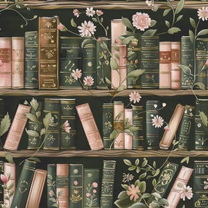 May include: A wallpaper pattern featuring rows of wooden bookshelves filled with books in shades of dark green, light pink, and cream. The books are decorated with gold foil accents and are intertwined with illustrated vines and pink flowers.