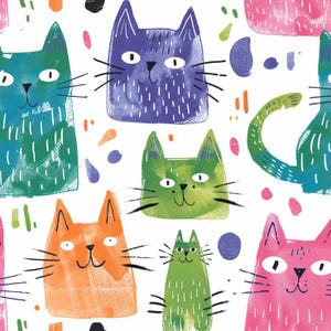 May include: A repeating pattern on a white background featuring stylised cats in various colours including teal, purple, green, orange, and pink. The cats have simple facial features, long whiskers, and textured fur markings, interspersed with small colourful shapes.