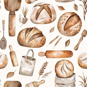 Può includere: Un motivo ripetitivo con illustrazioni ad acquerello di varie pagnotte, mattarelli in legno, cucchiai di legno, spighe di grano e piccole foglie marroni. La tavolozza dei colori è composta da tonalità marrone, beige e crema su sfondo chiaro.