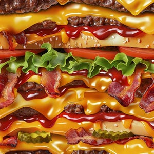 May include: A close-up view of a multi-layered cheeseburger featuring stacked beef patties, melted yellow cheddar cheese, crispy bacon strips, fresh green lettuce, sliced red tomatoes, and pickles, all layered with red ketchup on a sesame seed bun.