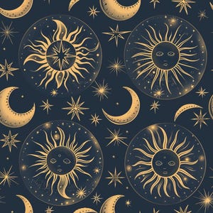 May include: A dark navy blue background featuring a repeating pattern of golden celestial elements. The design includes circular sun faces with radiating beams, crescent moons, and various multi-pointed stars scattered throughout the composition.
