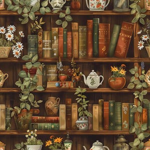 Puede incluir: Un patrón repetitivo de estanterías de madera oscura llenas de varios libros de tapa dura, teteras de cerámica blanca y plantas en macetas con hojas verdes y flores blancas o amarillas con un estilo botánico.