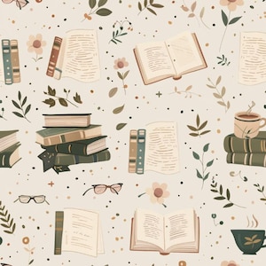 May include: A repeating pattern on a cream background featuring open books, stacks of closed books, pairs of reading glasses, steaming mugs of coffee, and small floral sprigs in shades of brown, green, and muted orange.