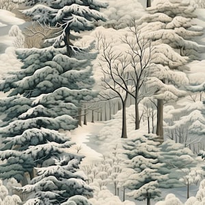Może przedstawiać: Ilustracja z powtarzającym się wzorem zimowego krajobrazu leśnego, przedstawiająca gęste drzewa iglaste i nagie drzewa liściaste pokryte grubą warstwą białego śniegu. Paleta kolorów składa się ze stonowanych odcieni niebieskiego, szarości i bieli.