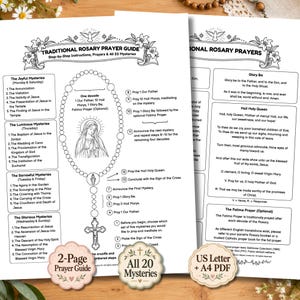 Traditional Rosary Prayer Guide, How to Pray the Rosary Printable, Catholic Prayers & 20 Mysteries