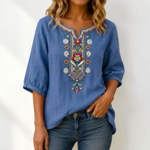 Embroidered Linen Cotton Blouse Women Boho Floral Tunic Casual Peasant Top Vintage Shirt
