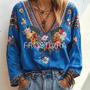 Linen Boho VNeck Blouse Women Printed Retro Summer Top Casual Loose Tunic Shirt, Bohemian