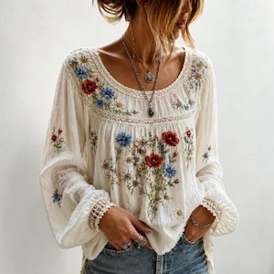 Boho Floral Print Blouse Women Peasant Top Loose Casual Cottagecore Long Sleeve Shirt