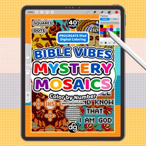 May include: A digital tablet displaying a Procreate app interface with a Bible Vibes Mystery Mosaics color-by-number activity. The screen shows colorful grid-based patterns, a palette menu, and a stylus resting on the screen surface.
