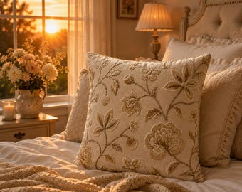 Beige Floral Pillow Cover Neutral Botanical Throw Pillow Faux Embroidered Linen Cushion Cover Cottagecore Home Decor