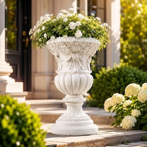 May include: A white stone pedestal planter featuring ornate relief carvings of grapes and leaves around the rim, a fluted midsection, and a sturdy circular base, filled with a dense arrangement of small white flowers and green foliage.