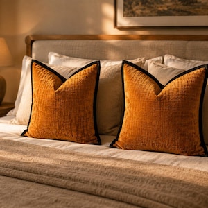 Peut inclure: Deux coussins décoratifs carrés en velours orange brûlé vif avec une surface texturée et côtelée. Chaque coussin présente un passepoil marron foncé ou noir le long des bords, offrant un contraste marqué avec la couleur orange chaude et saturée.