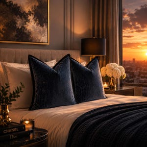 Peut inclure: Deux coussins carrés en velours bleu marine profond avec une finition texturée subtile et un passepoil foncé sur les bords, placés sur un lit avec des draps blancs et un jeté de lit matelassé bleu marine foncé dans une chambre.