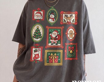 Comfort Colors® Vintage Christmas Shirt, Santa Snowman Reindeer Frame Graphic Tee, Retro Holiday Top, Christmas Season Gift