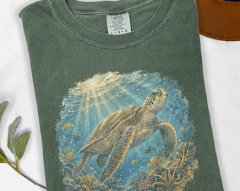 Camiseta vintage con estampado de tortuga marina, camiseta de naturaleza y vida marina, top de aventura costera marina, camiseta de regalo Comfort Colors® con estampado de tortuga.