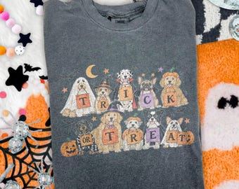 Camiseta de Halloween con diseño de perro para pedir dulces, sudadera infantil con estampado de cachorros para la temporada de Halloween, linda camiseta familiar de Halloween, regalo de otoño.