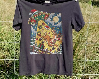 Funny Christmas Shirt, UFO Abducting Reindeer Graphic Tee, Weird Sci Fi Reindeer Holiday Top, Comfort Colors® Extraterrestrial Xmas Gift