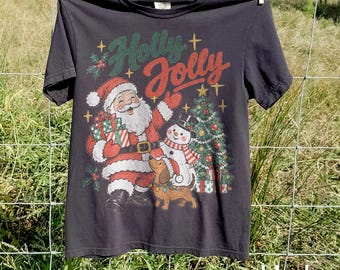 Holly Jolly Comfort Colors® Shirt, Santa Snowman Dog and Christmas Tree Graphic Tee, Vintage Holiday Cheer Top, Festive Season Gift