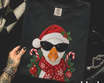 Comfort Colors® Christmas Goose Shirt, Santa Hat Sunglasses Red Scarf Graphic Tee, Funny Cool Winter Animal Top, Holiday Humor Gift