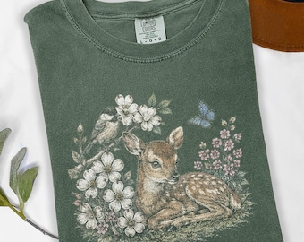Vintage Fawn Wildflower Graphic Shirt, Woodland Nature Animal Shirt, Cottagecore Forest Style Aesthetics, Comfort Colors® Deer Gift Tee