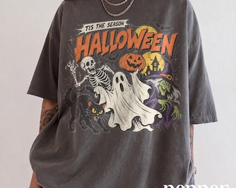 Camiseta Comfort Colors® de Halloween con estampado de esqueleto, bruja y calabaza, sudadera retro de cómic de Halloween, regalo divertido.