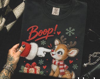 Cute Christmas Reindeer Shirt, Boop Santa Finger Red Nose Graphic Tee, Sweet Playful Holiday Deer Top, Comfort Colors® Winter Cheer Gift