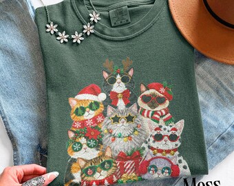 Comfort Colors® Christmas Cat Shirt, Festive Cats Wearing Santa Hats Scarves Holiday Graphic Tee, Funny Pet Lover Top, Winter Gift