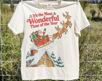 Comfort Colors® Santa Sleigh Christmas Shirt, Wonderful Time Sky Reindeer Graphic Tee, Classic Festive Winter Top, Holiday Cheer Gift