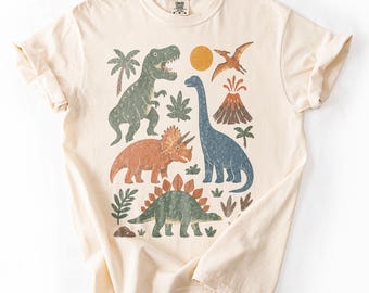 Camiseta gráfica de la colección de dinosaurios vintage, camiseta del volcán Rex jurásico, top de estilo prehistórico retro, regalo de dinosaurios Comfort Colors®