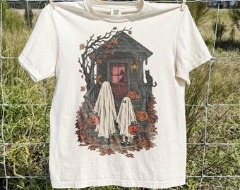Camiseta Comfort Colors® para niños que piden dulces, camiseta gráfica Vintage Ghost para niños, sudadera de casa embrujada