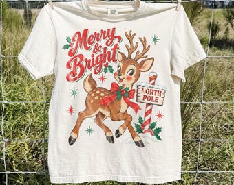 Merry Christmas Comfort Colors® Shirt, Merry and Bright Cute Reindeer Graphic Tee, Vintage Holiday Top, Festive Season Gift