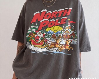 North Pole Christmas Comfort Colors® Shirt, Santa Sleigh and Reindeer Graphic Tee, Classic Winter Holiday Top, Christmas Season Gift