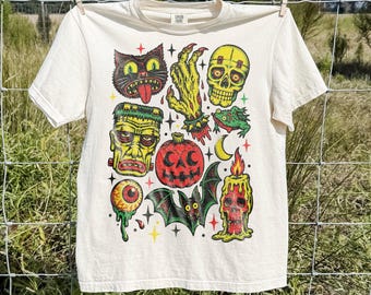 Camiseta Comfort Colors® Vintage Monster, camiseta con estampado de calavera de Frankenstein, sudadera retro de Halloween, regalo para la temporada de Halloween.