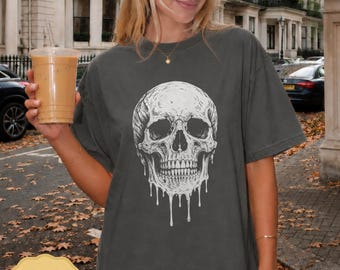 Koszulka z topiącą się czaszką w stylu retro na Halloween, koszulka z przerażającą gotycką grafiką, bluza z horrorowym szkieletem, sezonowy prezent Comfort Colors®