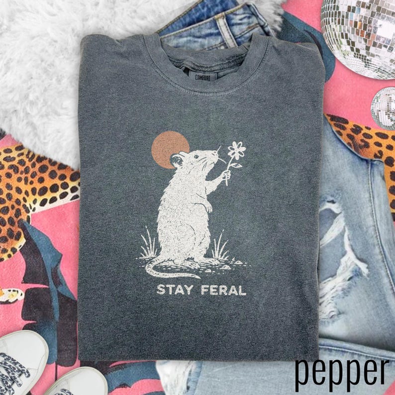 Vintage Stay Feral Rat Graphic Tee, Funny Wild Animal Shirt, Retro Woodland Nature Style Top, Comfort Colors® Rat Gift Tee image 2