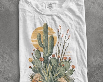 Camiseta retro con estampado de cactus saguaro, camiseta botánica de agave del suroeste, top con estética vintage de puesta de sol en el desierto, regalo de suculentas Comfort Colors®