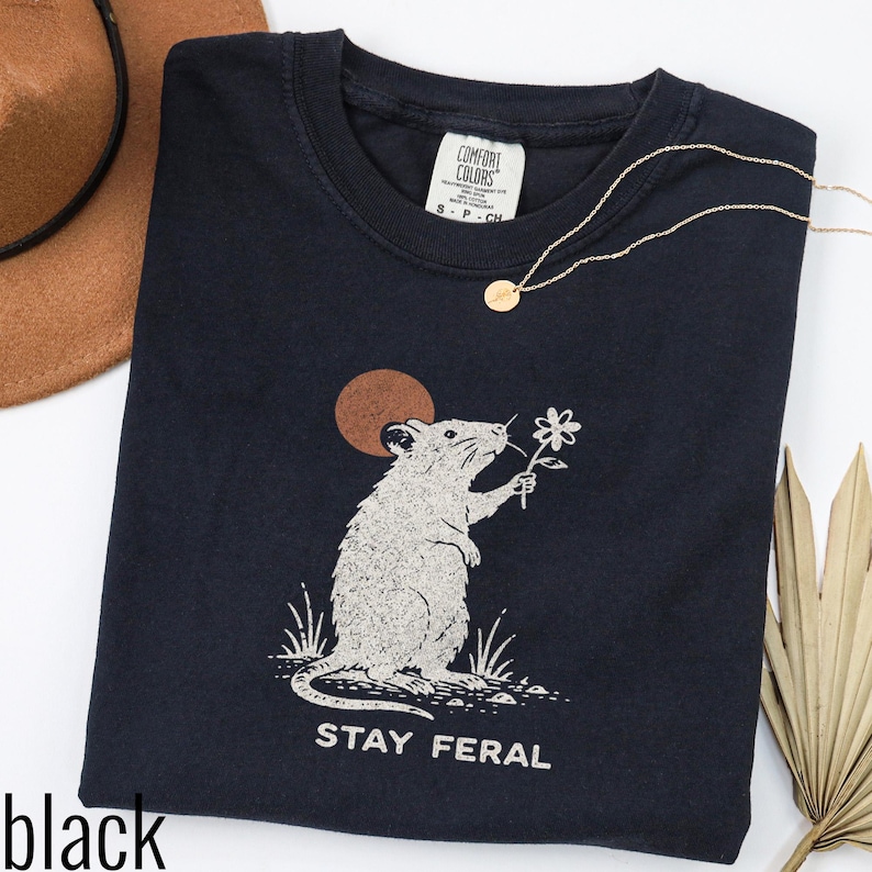 Vintage Stay Feral Rat Graphic Tee, Funny Wild Animal Shirt, Retro Woodland Nature Style Top, Comfort Colors® Rat Gift Tee image 4
